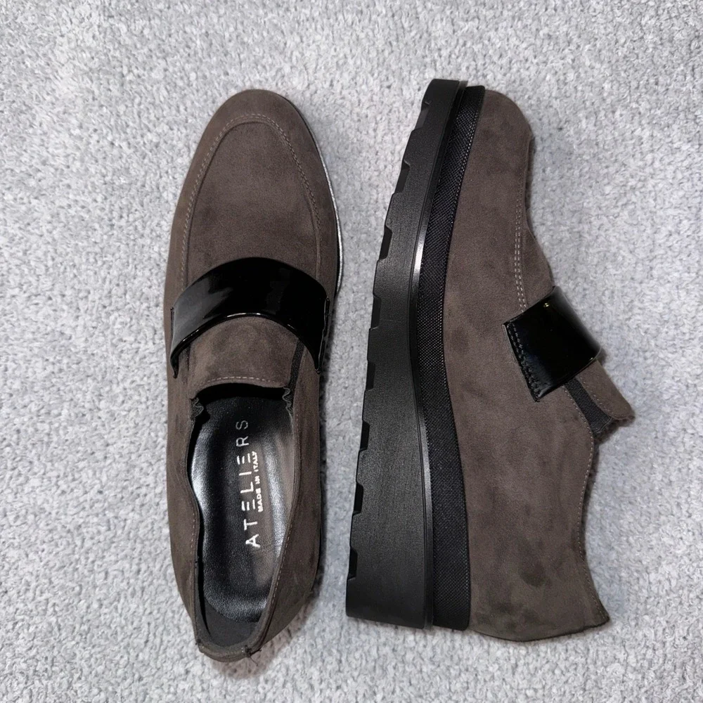 ATELIERS Herald Women's Suede Loafers Platform Block Heel Slip‎ On Shoes sz 8